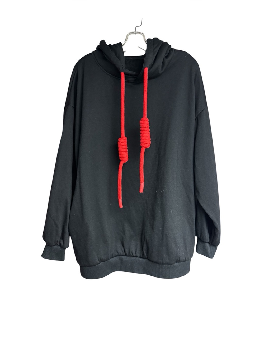 Black Hoodie with Red Rope Drawstrings